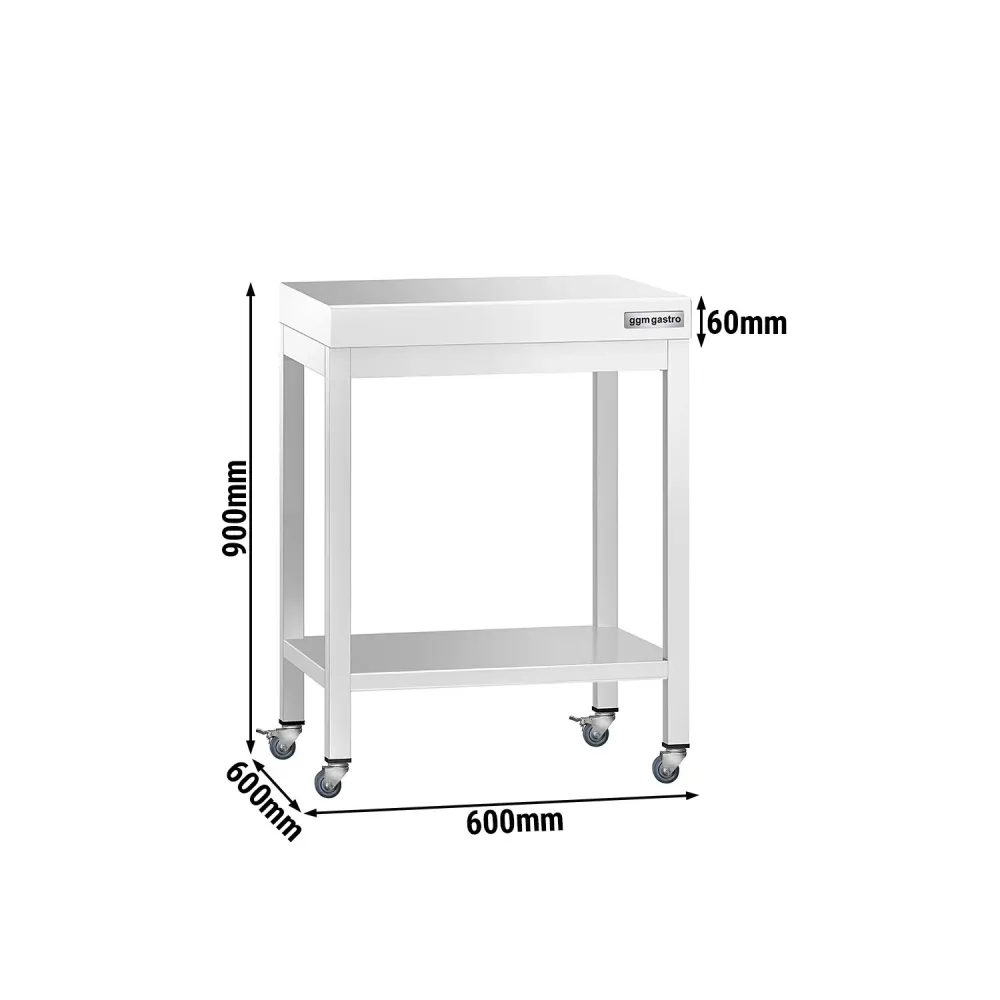 Работна маса PREMIUM от неръждаема стомана - 600x600mm - с основа и колелца