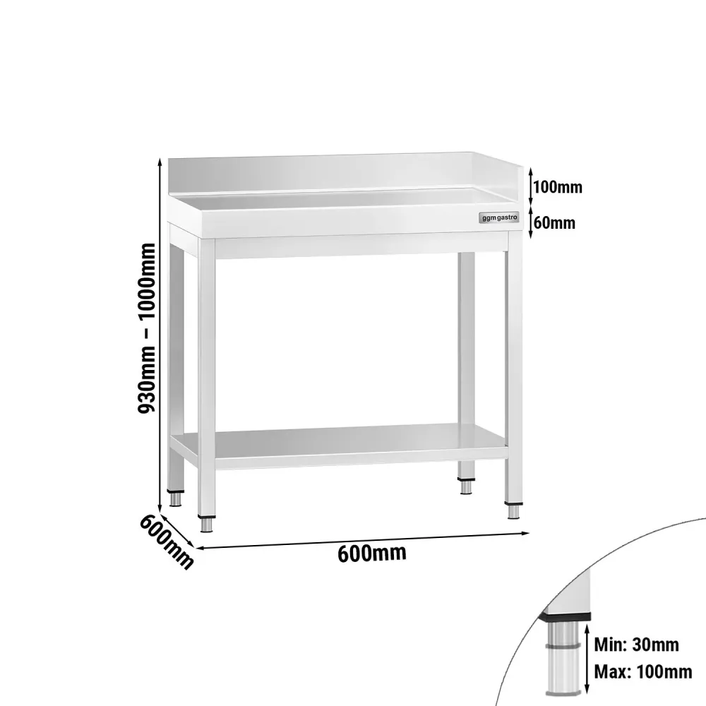 Маса от неръждаема стомана PREMIUM - 600x600mm - с основен рафт и борд отзад + вдясно