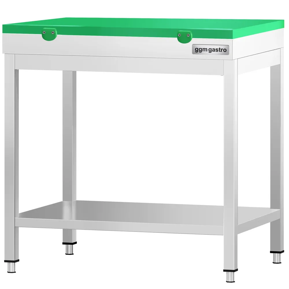 Маса от неръждаема стомана PREMIUM - 600x600mm - с основен рафт - с включена дъска за рязане - зелена