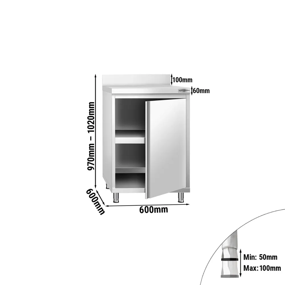 Професионален Работен шкаф от неръждаема стомана PREMIUM - 600x600mm - с отваряеми врати (на панти) & Борд - с междинен рафт