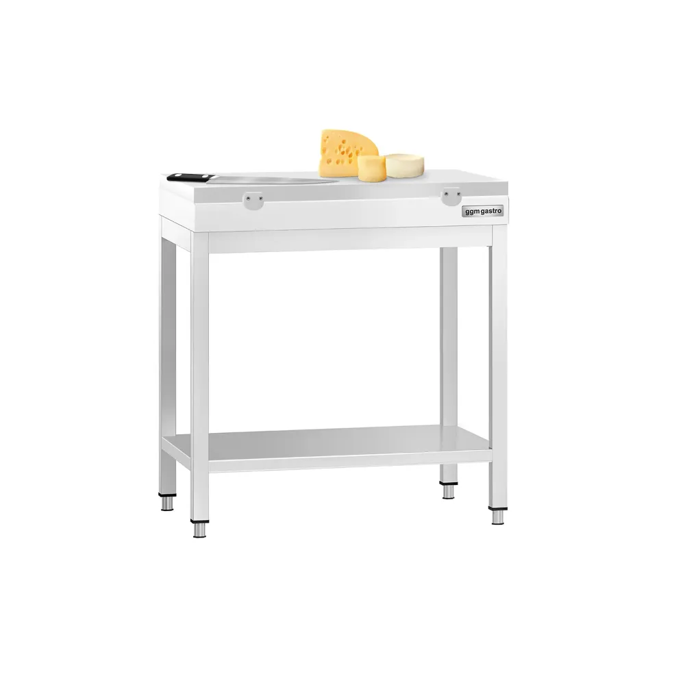 Маса от неръждаема стомана PREMIUM - 600x700mm - с основен рафт - с включена дъска за рязане - бяла