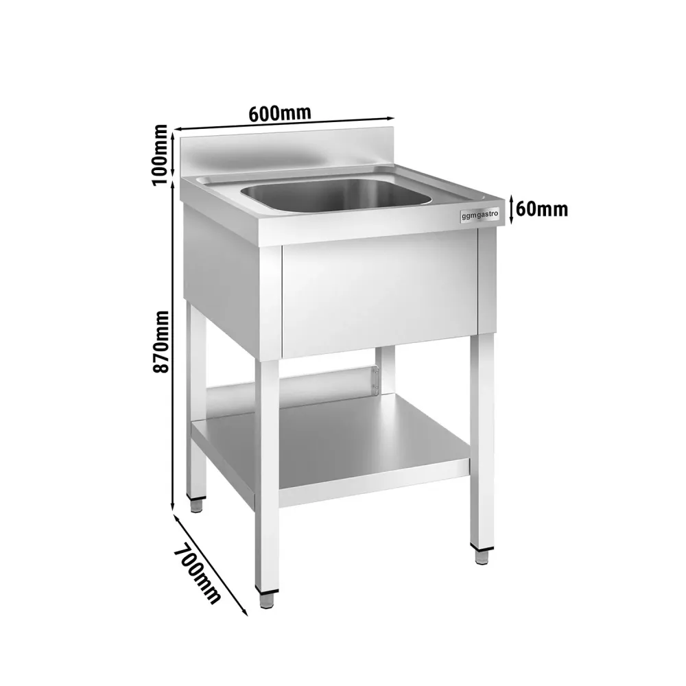 Професионална мивка от неръждаема стомана PREMIUM - 600x700mm - с долен рафт - с 1 корито централно