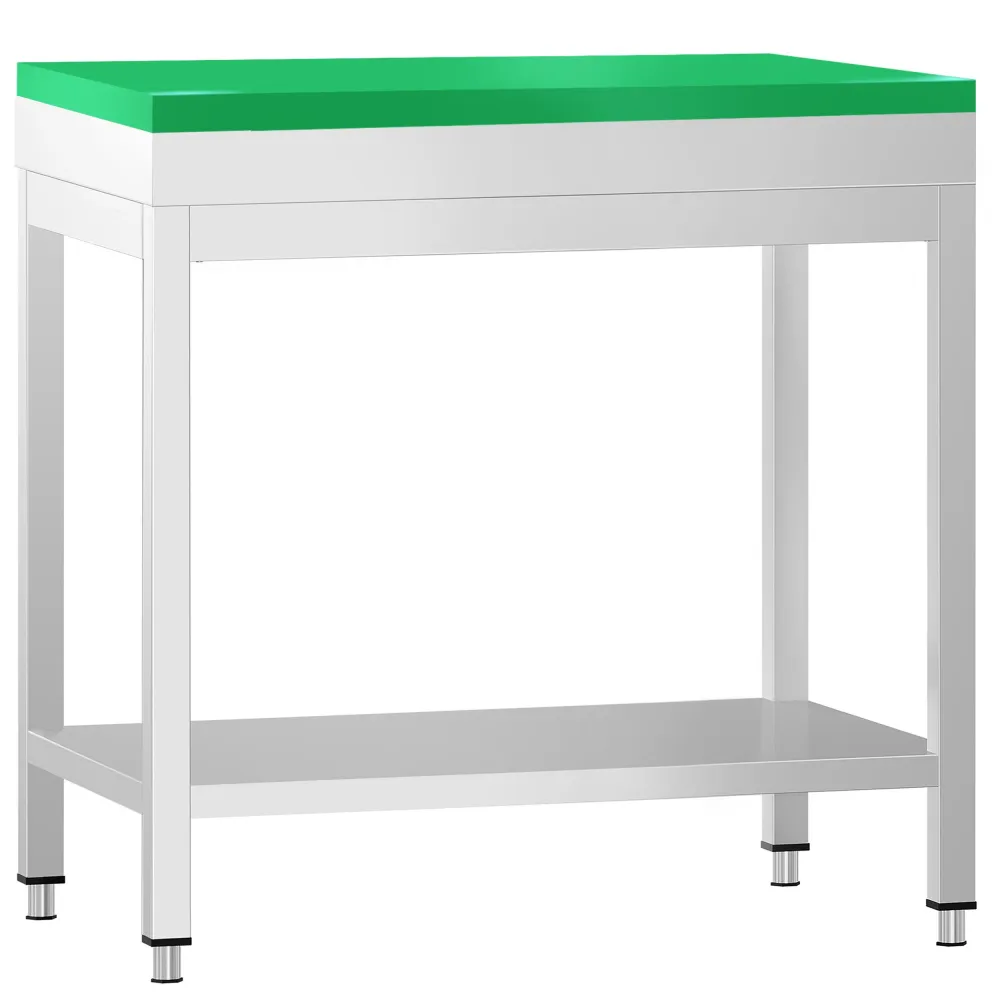 Маса от неръждаема стомана PREMIUM - 600x700mm - с основен рафт - с включена дъска за рязане - зелена