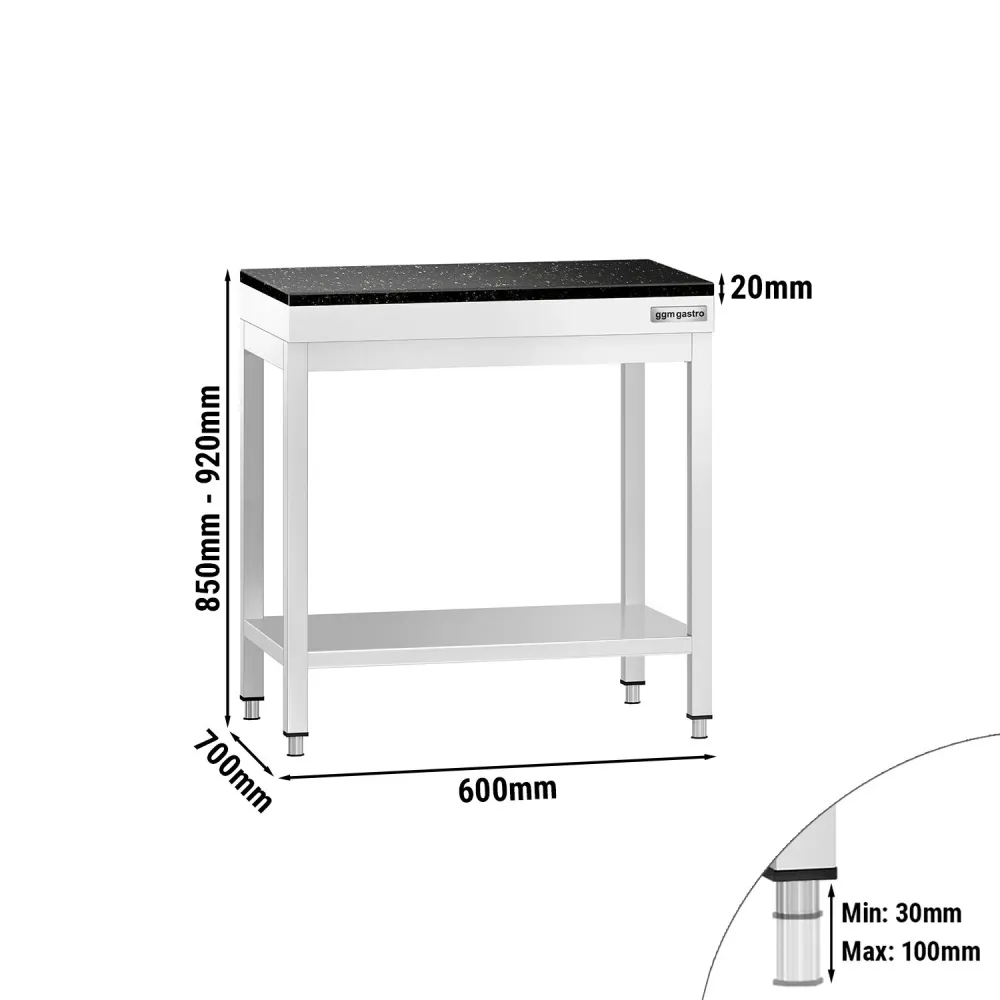 Маса от неръждаема стомана PREMIUM - 600x700mm - с основен рафт - с включен плот от гранит