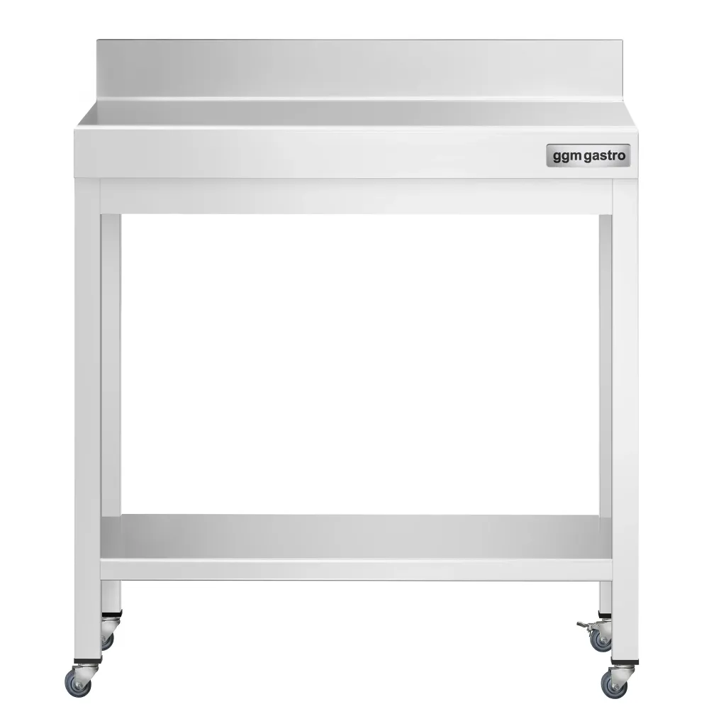 Работна маса PREMIUM от неръждаема стомана - 600x700mm - с основа, стойка и колелца