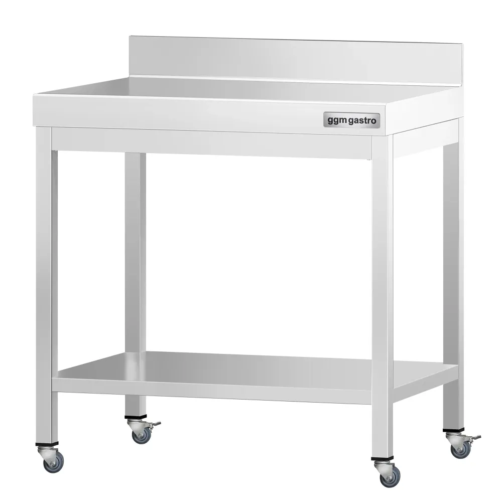 Работна маса PREMIUM от неръждаема стомана - 600x700mm - с основа, стойка и колелца