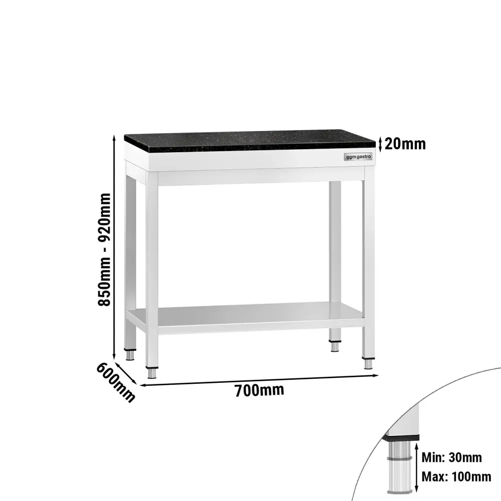 Маса от неръждаема стомана PREMIUM - 700x600mm - с основен рафт - с включен плот от гранит