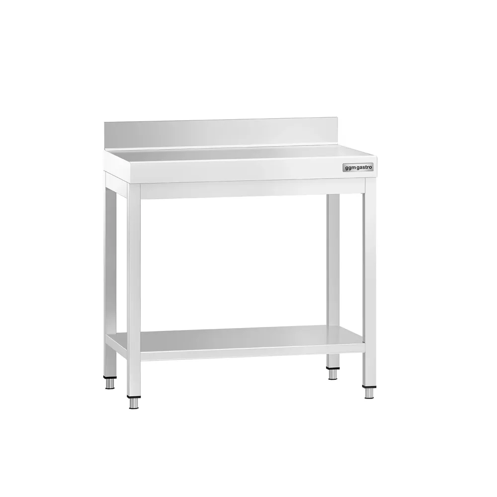 Маса от неръждаема стомана PREMIUM - 700x600mm - с основен рафт и борд отзад и укрепваща връзка
