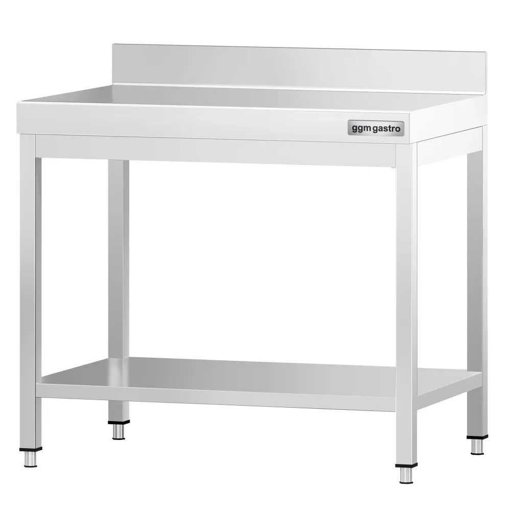 Маса от неръждаема стомана PREMIUM - 700x600mm - с основен рафт и борд отзад и укрепваща връзка