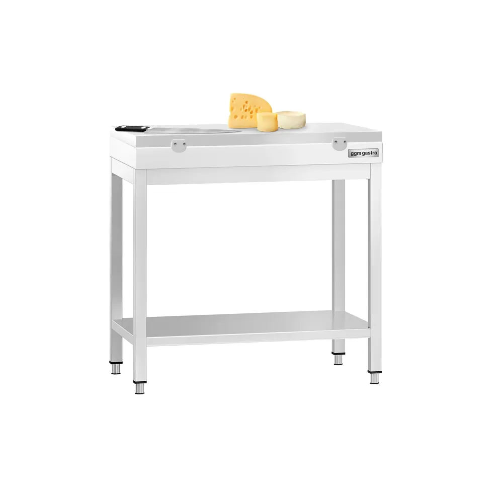 Маса от неръждаема стомана PREMIUM - 700x600mm - с основен рафт - с включена дъска за рязане - бяла
