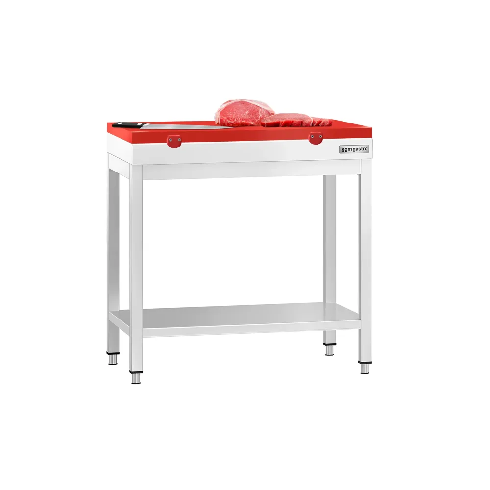 Маса от неръждаема стомана PREMIUM - 700x600mm - с основен рафт - с включена дъска за рязане - червена