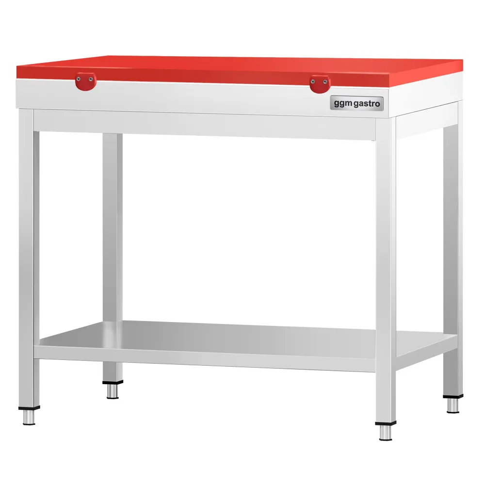 Маса от неръждаема стомана PREMIUM - 700x600mm - с основен рафт - с включена дъска за рязане - червена