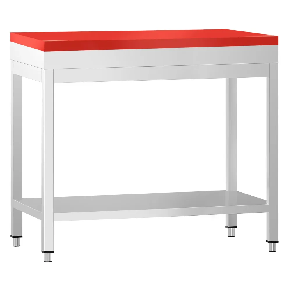 Маса от неръждаема стомана PREMIUM - 700x600mm - с основен рафт - с включена дъска за рязане - червена