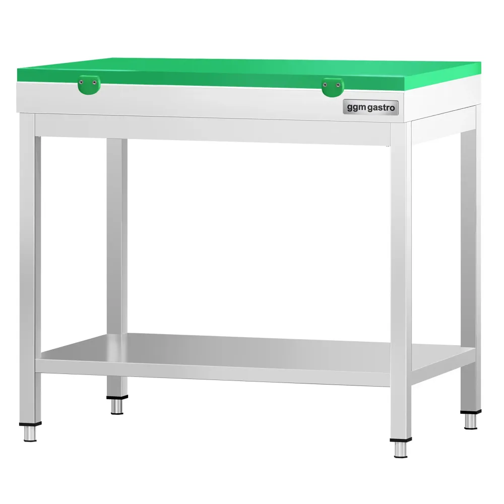 Маса от неръждаема стомана PREMIUM - 700x600mm - с основен рафт - с включена дъска за рязане - зелена