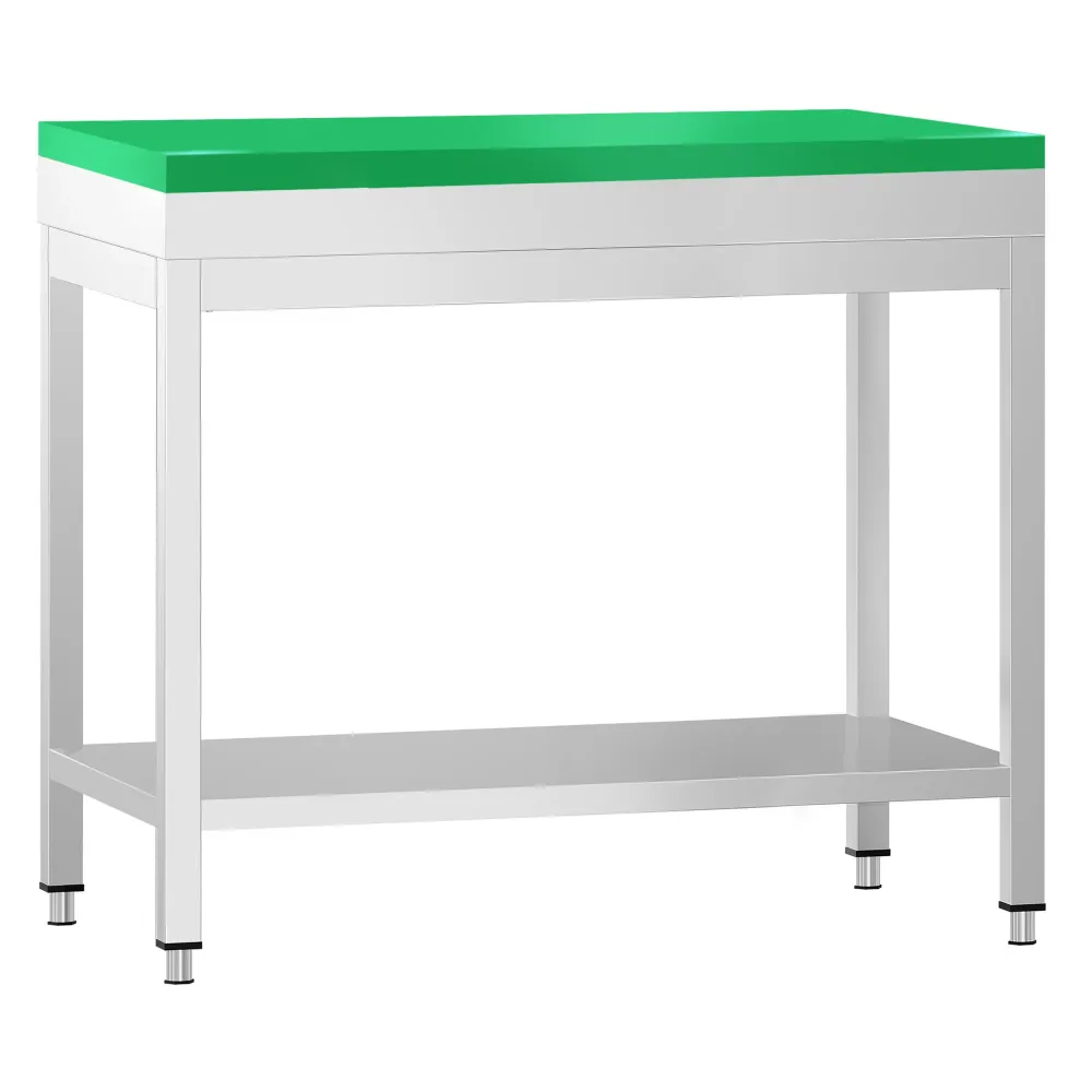 Маса от неръждаема стомана PREMIUM - 700x600mm - с основен рафт - с включена дъска за рязане - зелена