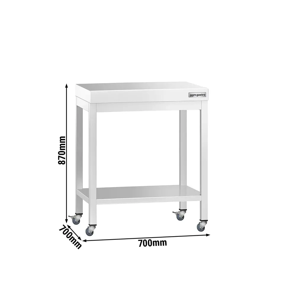 Работна маса PREMIUM от неръждаема стомана - 700x700mm - с основа и колелца