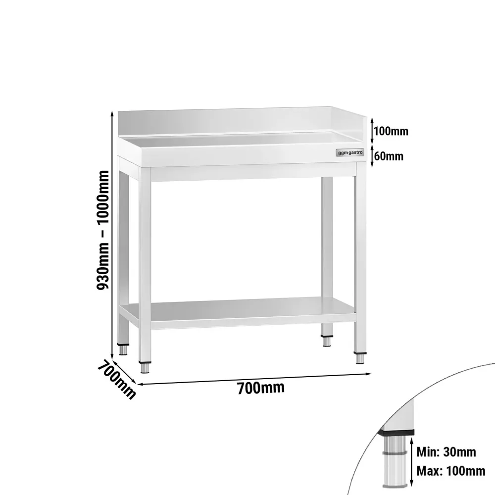 Маса от неръждаема стомана PREMIUM - 700x700mm - с основен рафт и борд отзад + вдясно