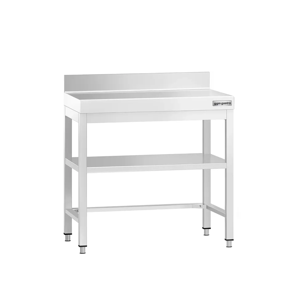 Маса от неръждаема стомана PREMIUM - 700x700mm - с основен рафт и борд отзад и междинен рафт и укрепваща връзка