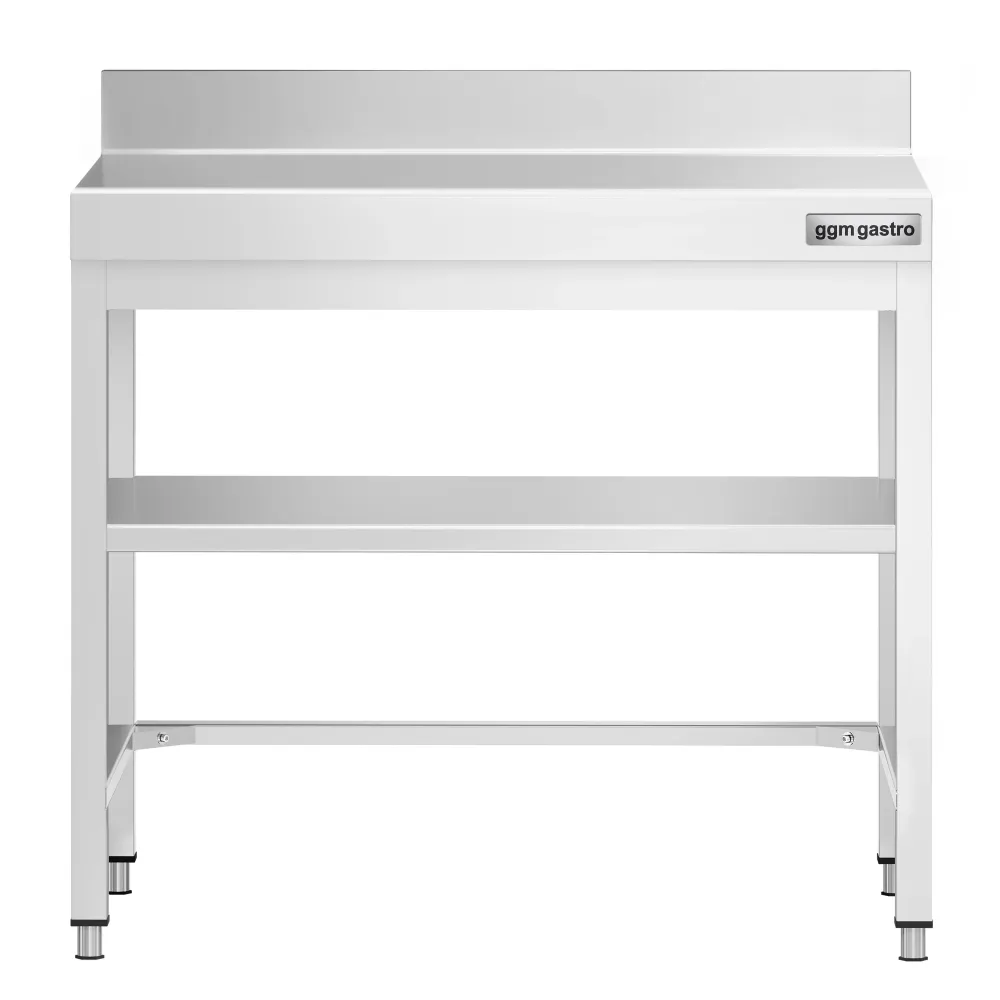Маса от неръждаема стомана PREMIUM - 700x700mm - с основен рафт и борд отзад и междинен рафт и укрепваща връзка