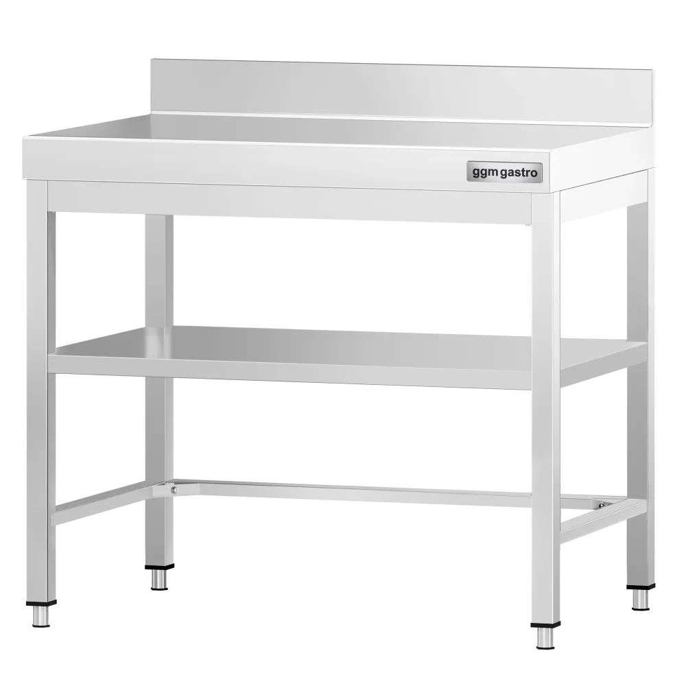 Маса от неръждаема стомана PREMIUM - 700x700mm - с основен рафт и борд отзад и междинен рафт и укрепваща връзка