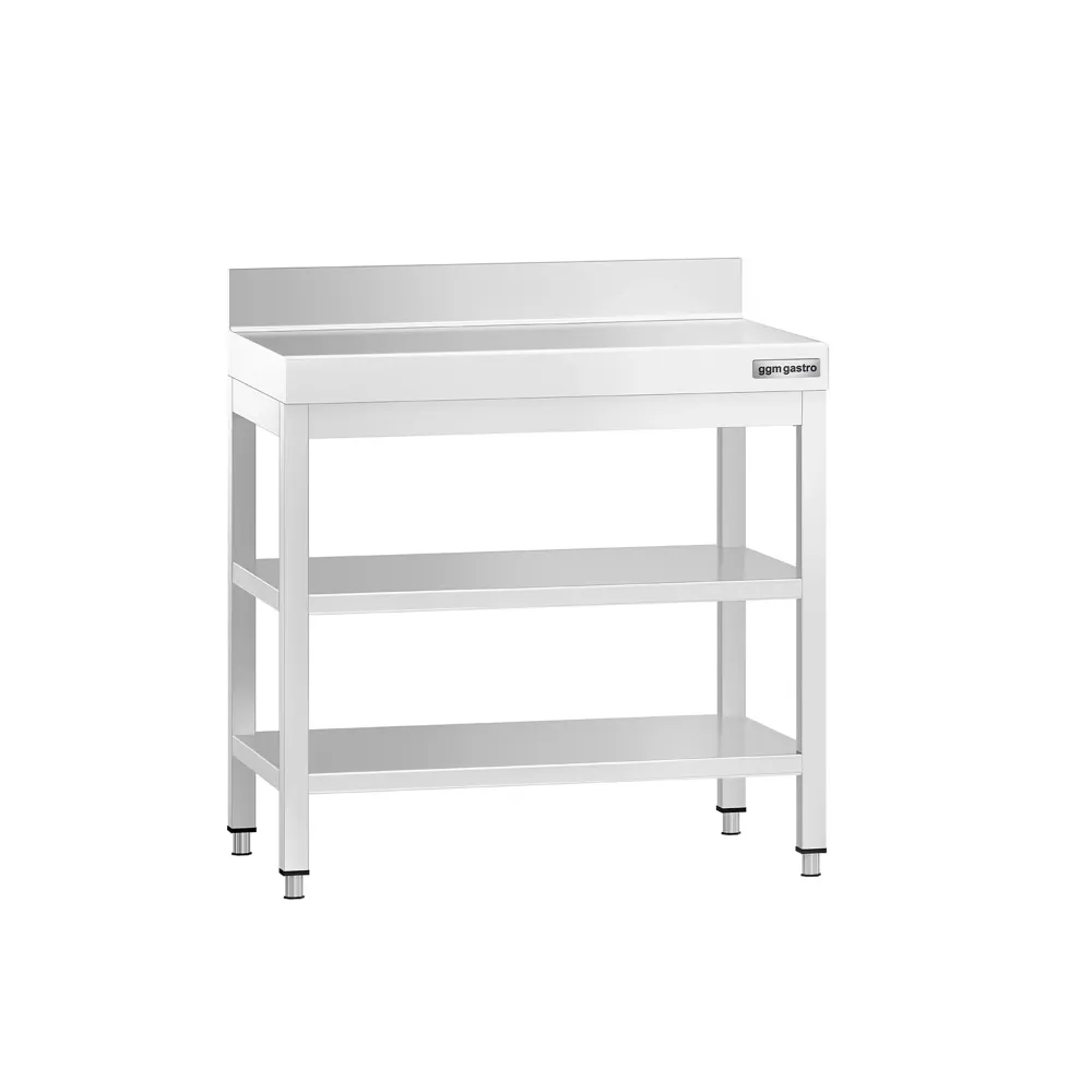 Маса от неръждаема стомана PREMIUM - 700x700mm - с основен рафт и борд отзад и междинен рафт и укрепваща връзка