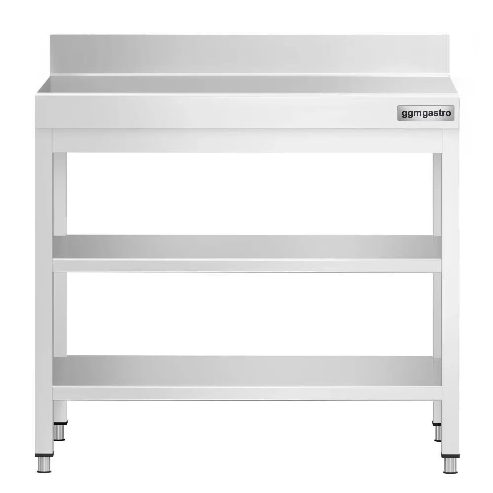 Маса от неръждаема стомана PREMIUM - 700x700mm - с основен рафт и борд отзад и междинен рафт и укрепваща връзка