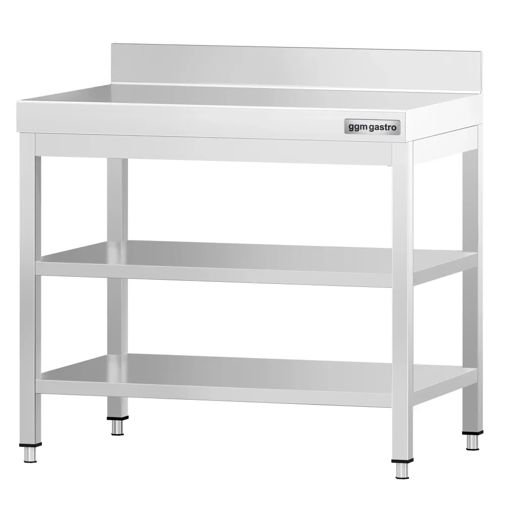 Маса от неръждаема стомана PREMIUM - 700x700mm - с основен рафт и борд отзад и междинен рафт и укрепваща връзка