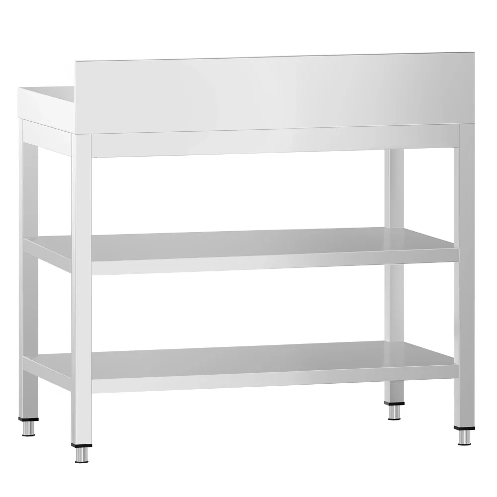 Маса от неръждаема стомана PREMIUM - 700x700mm - с основен рафт и борд отзад и междинен рафт и укрепваща връзка