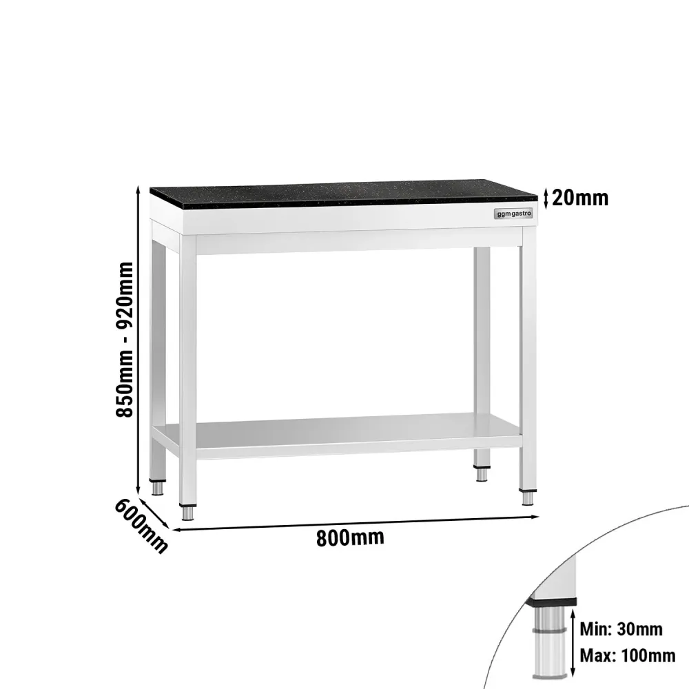 Маса от неръждаема стомана PREMIUM - 800x600mm - с основен рафт - с включен плот от гранит