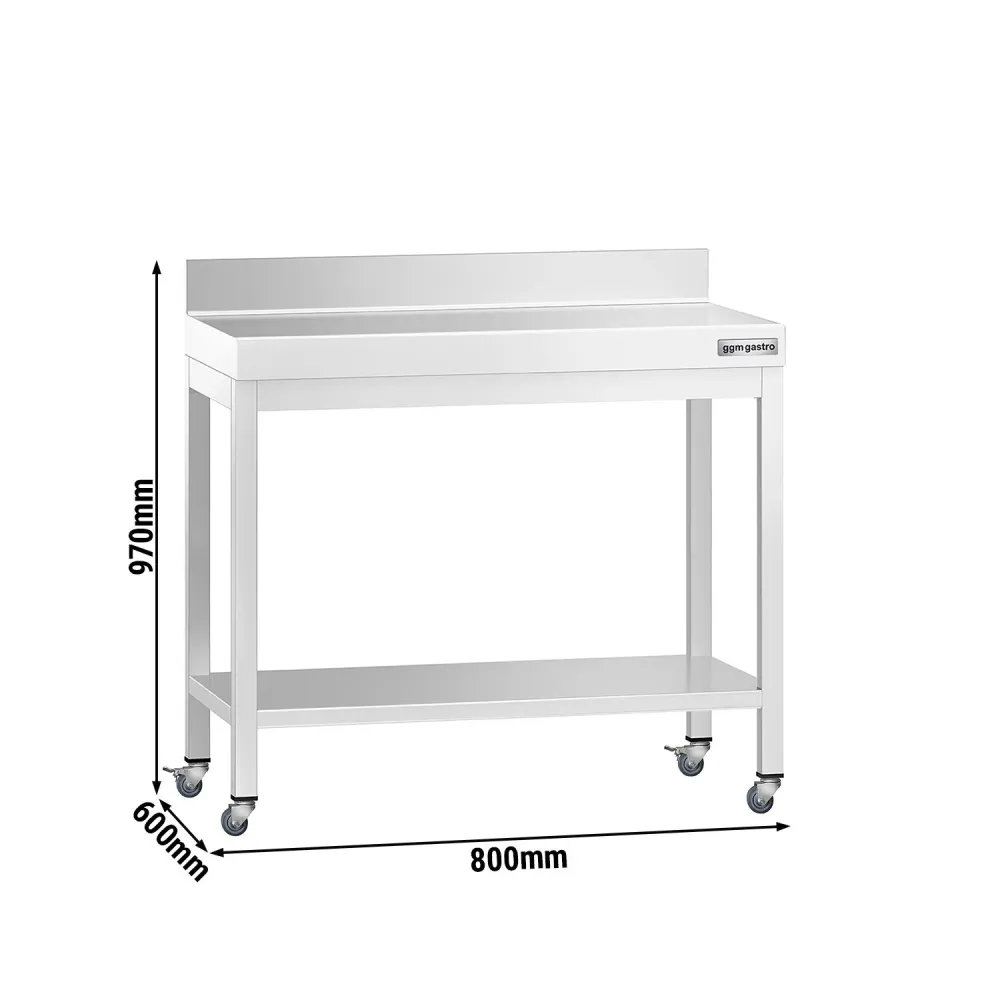 Работна маса PREMIUM от неръждаема стомана - 800x600mm - с основа, стойка и колелца