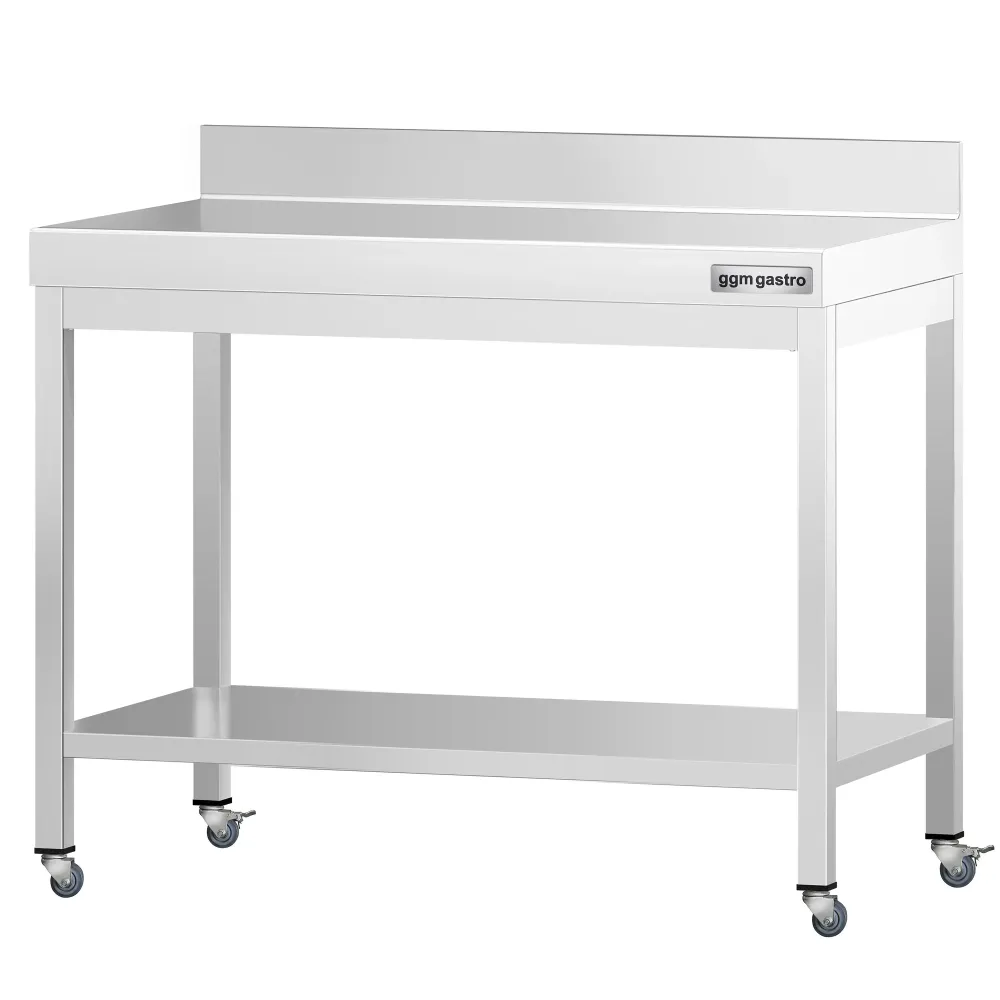 Работна маса PREMIUM от неръждаема стомана - 800x600mm - с основа, стойка и колелца