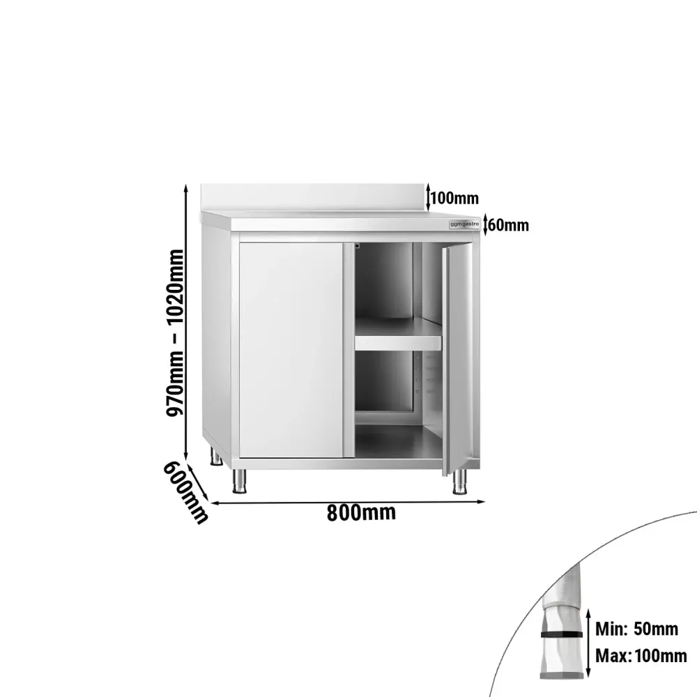 Професионален Работен шкаф от неръждаема стомана PREMIUM - 800x600mm - с отваряеми врати (на панти) & Борд