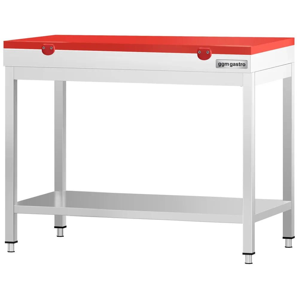 Маса от неръждаема стомана PREMIUM - 800x700mm - с основен рафт - с включена дъска за рязане - червена