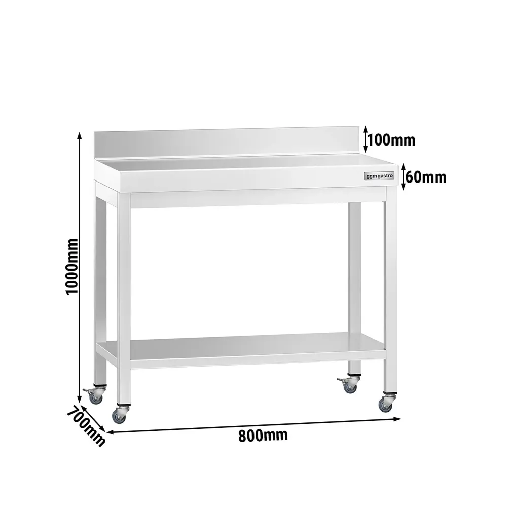 Работна маса PREMIUM от неръждаема стомана - 800x700mm - с основа, стойка и колелца