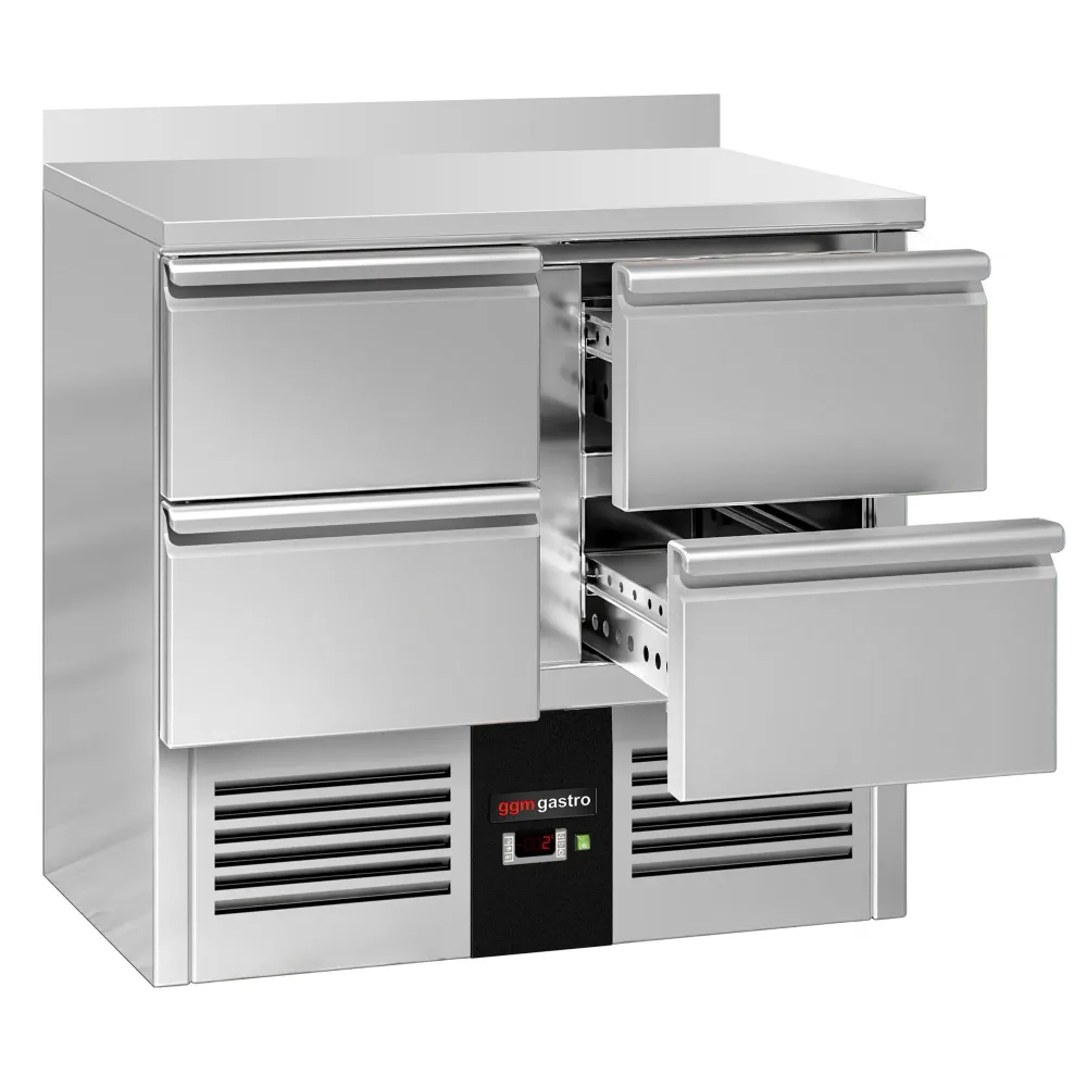 Професионална хладилна маса PREMIUM - 900x700mm - с 4 чекмеджета - GN 1/1 - с гръб 100мм - вграден агрегат