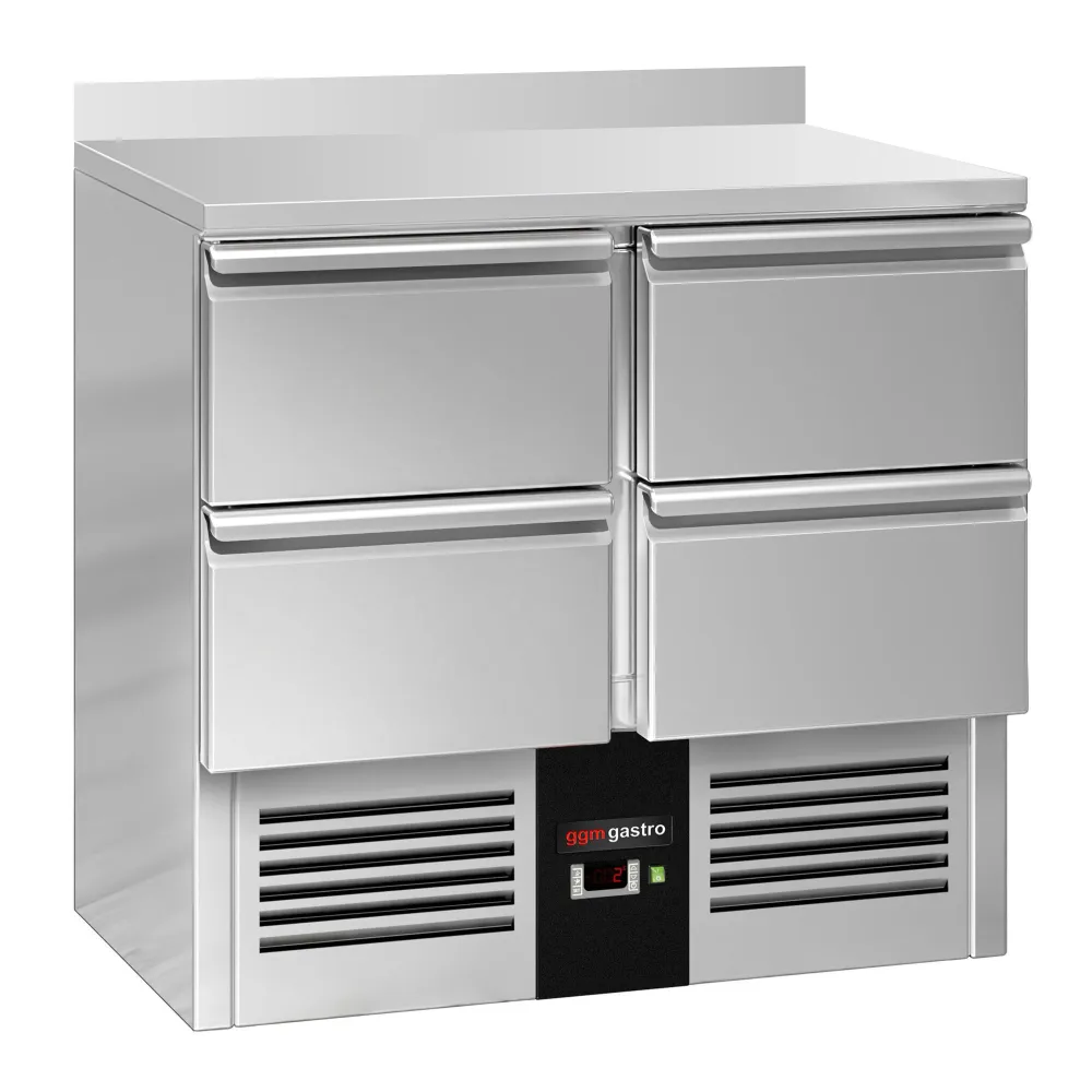 Професионална хладилна маса PREMIUM - 900x700mm - с 4 чекмеджета - GN 1/1 - с гръб 100мм - вграден агрегат