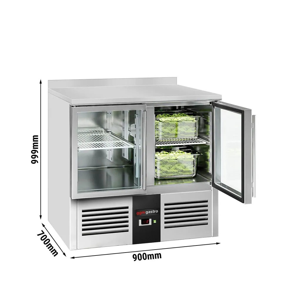 Професионална хладилна маса PREMIUM - 900x700mm - с 2 стъклени врати - GN 1/1 - с гръб 100мм - вграден агрегат