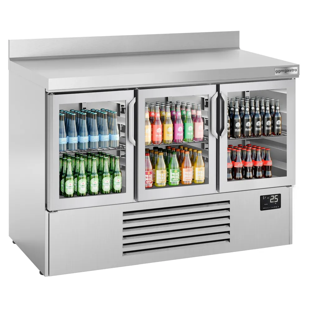 Професионална хладилна маса PREMIUM PLUS - 1460x700mm - с 3 стъклени врати - GN 1/1 - LED осветление - с гръб 100мм