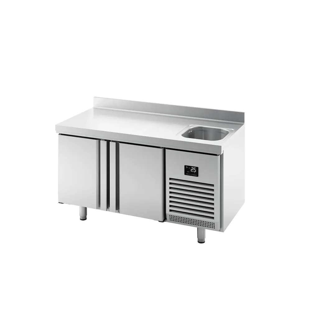 Професионална хладилна маса Premium PLUS - 1468x600mm - с 2 врати - с мивка - с гръб 100мм - 250 литра