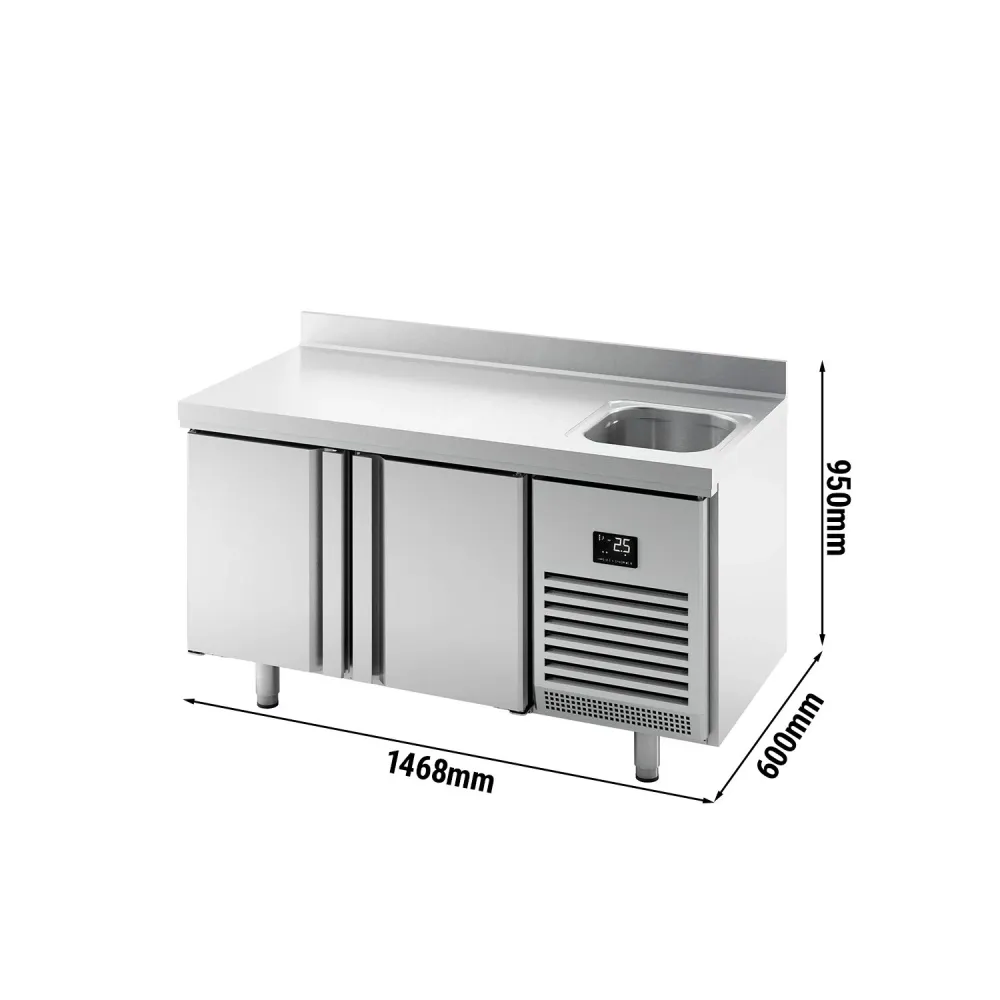 Професионална хладилна маса Premium PLUS - 1468x600mm - с 2 врати - с мивка - с гръб 100мм - 250 литра