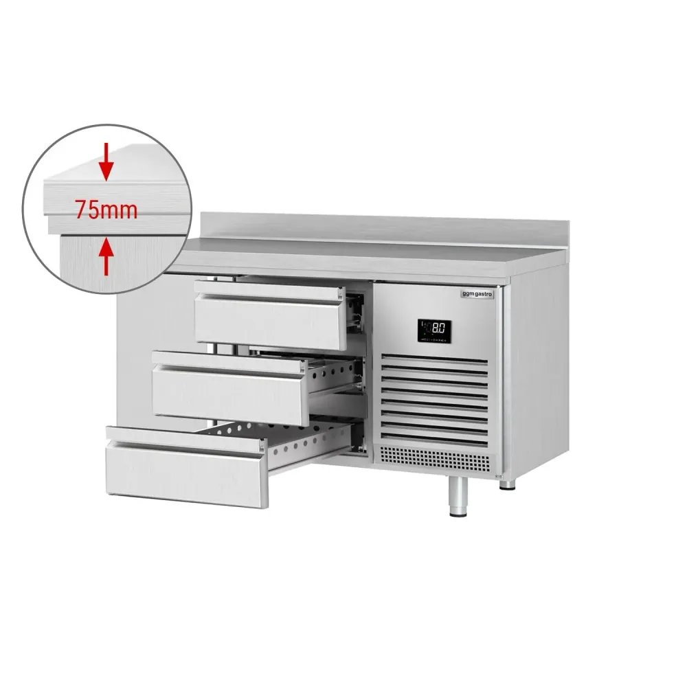 Професионална хладилна маса PREMIUM PLUS - 1468x600mm - с 1 врата - 3 чекмеджета - вентилирано охлаждане - с гръб 100мм