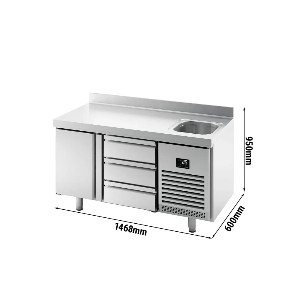 Професионална хладилна маса PREMIUM PLUS - 1468x600mm - с 1 врата - 3 чекмеджета - с мивка - с гръб 100мм