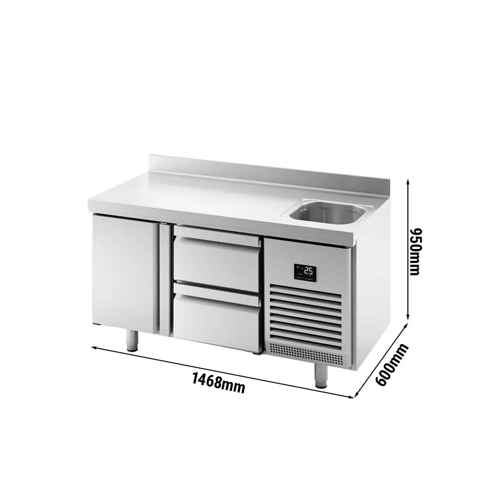 Професионална хладилна маса PREMIUM PLUS - 1468x600mm - с 1 врата - 2 чекмеджета - с мивка - с гръб 100мм