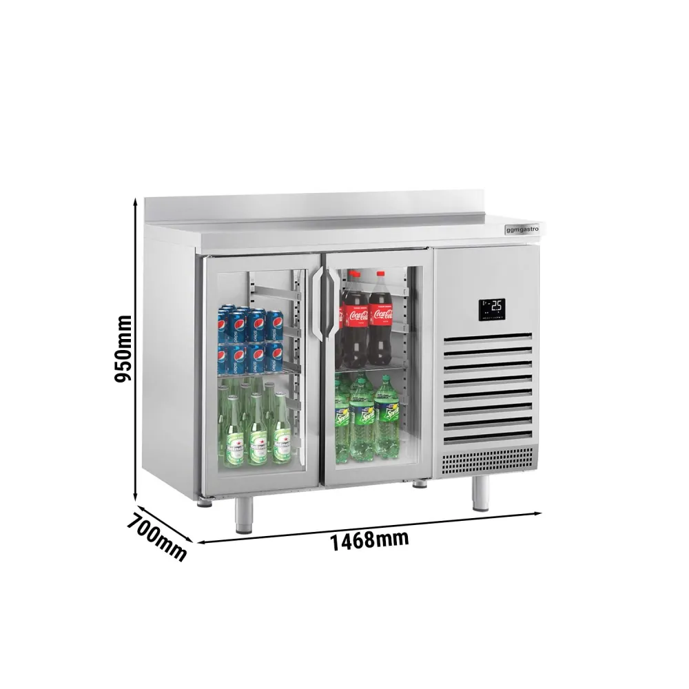 Барова хладилна маса PREMIUM PLUS - 1468x700mm - 305 л - с 2 стъклени врати, LED осветление, със заден борд
