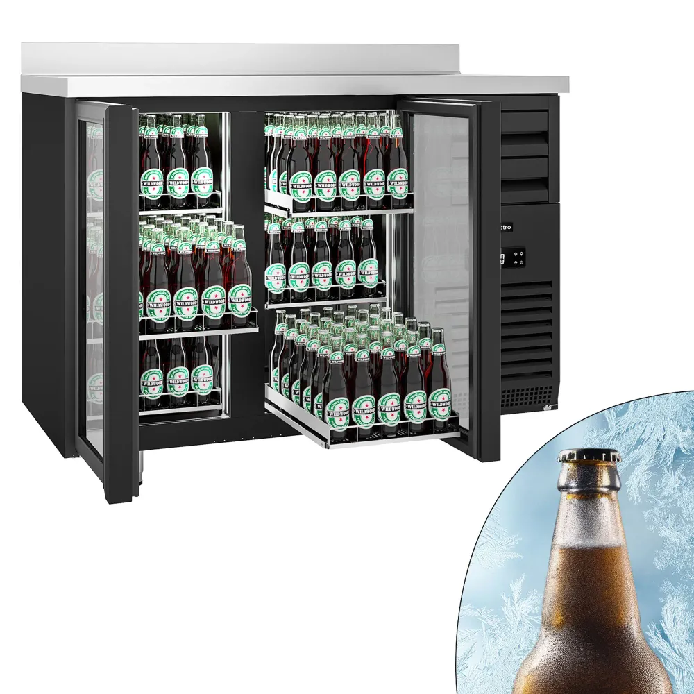 Барова хладилна маса PREMIUM PLUS - 1475x700mm - 440 л - с 2 стъклени врати и 6 чекмеджета, със заден борд, LED осветление...
