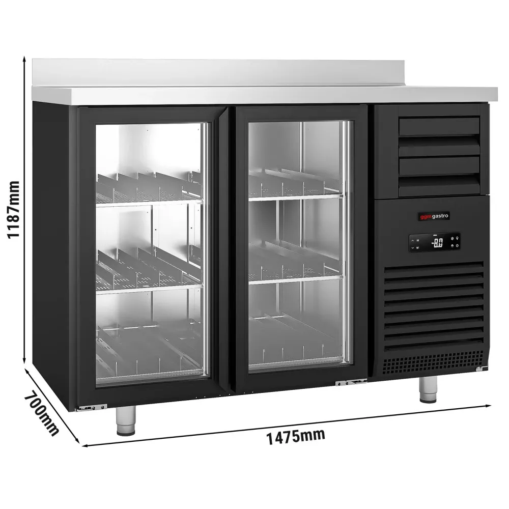 Барова хладилна маса PREMIUM PLUS - 1475x700mm - 440 л - с 2 стъклени врати и 6 чекмеджета, със заден борд, LED осветление...