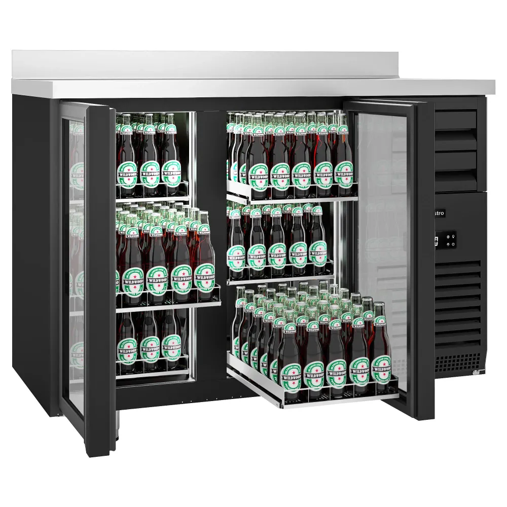 Барова хладилна маса PREMIUM PLUS - 1475x700mm - 440 л - с 2 стъклени врати и 6 чекмеджета, със заден борд, LED осветление...