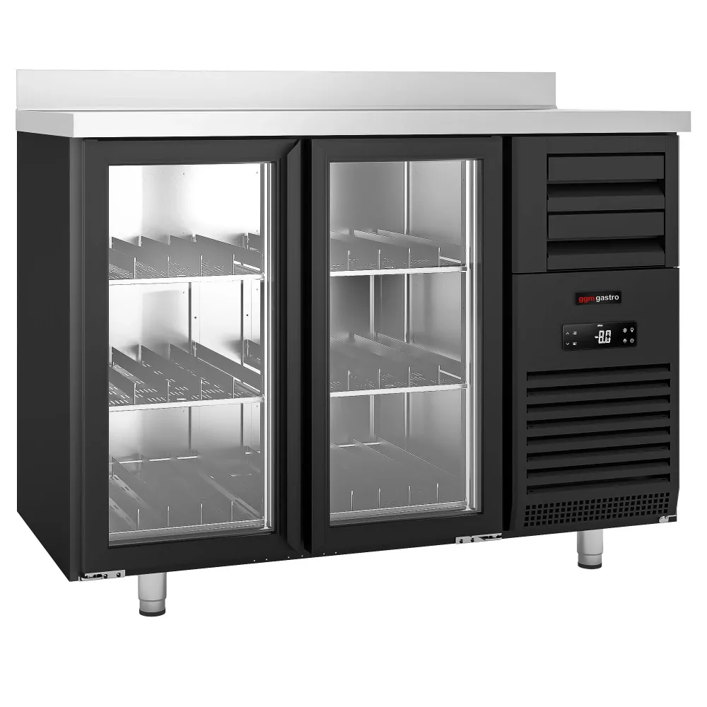 Барова хладилна маса PREMIUM PLUS - 1475x700mm - 440 л - с 2 стъклени врати и 6 чекмеджета, със заден борд, LED осветление...