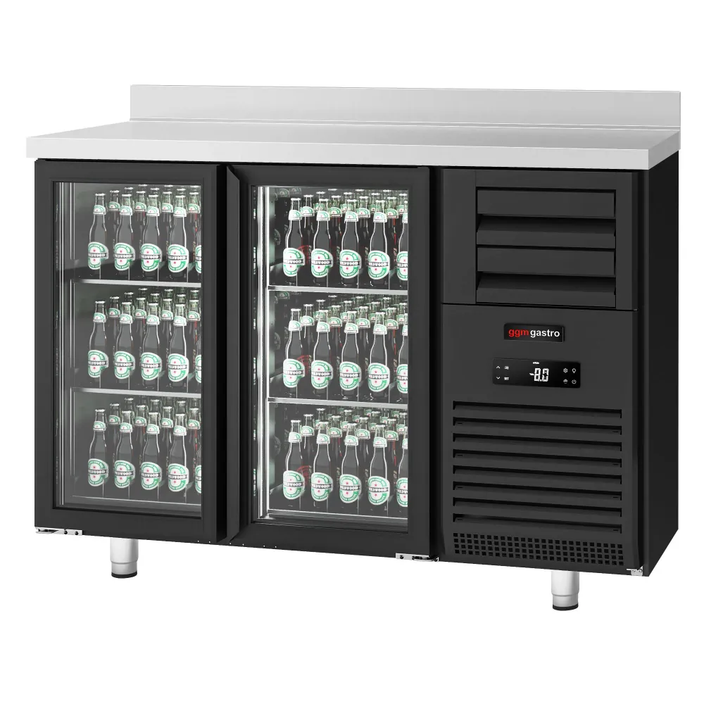 Барова хладилна маса PREMIUM PLUS - 1475x700mm - 440 л - с 2 стъклени врати и 6 чекмеджета, със заден борд, LED осветление...