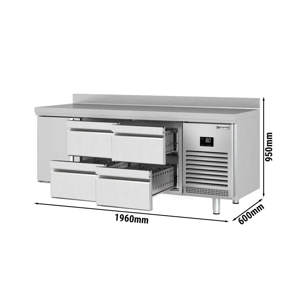 Професионална хладилна маса PREMIUM PLUS - 1960x600mm - с 1 врата - 4 чекмеджета - с гръб 100мм - вентилирано охлаждане